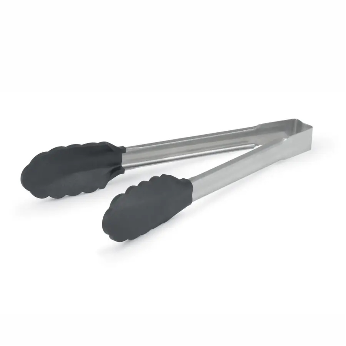 Vollrath 4780912 9.5-inch stainless steel tongs with black scalloped nylon ends on white background