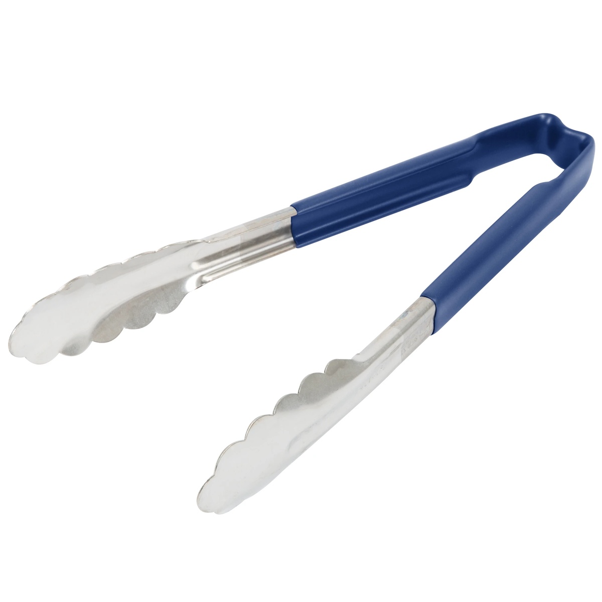 Vollrath 4780930 9.5-inch stainless steel scalloped tongs with blue Kool-Touch insulated handle on white background