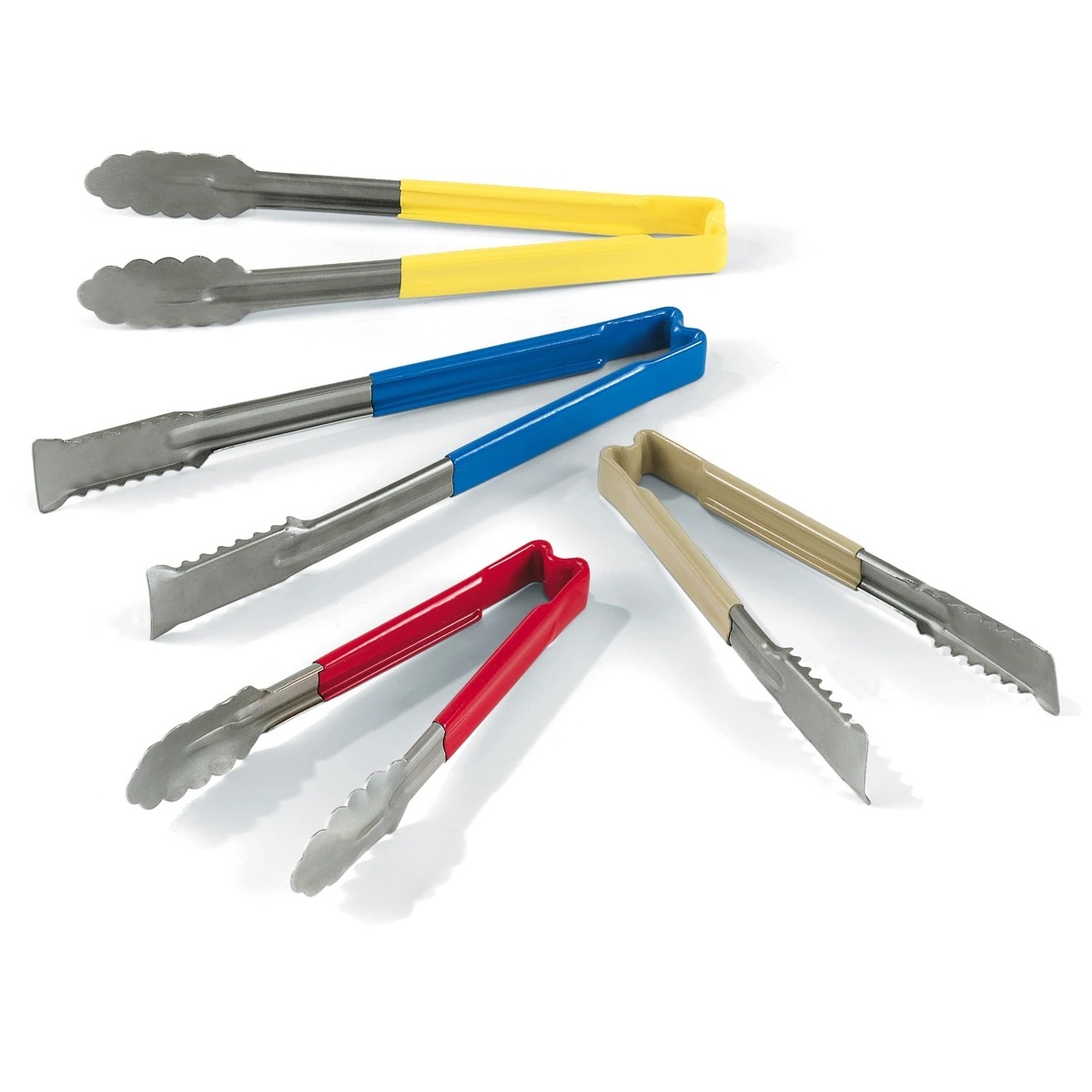 Assortment of Vollrath Kool-Touch tongs in yellow, blue, red, and tan color-coded handles displayed on white background