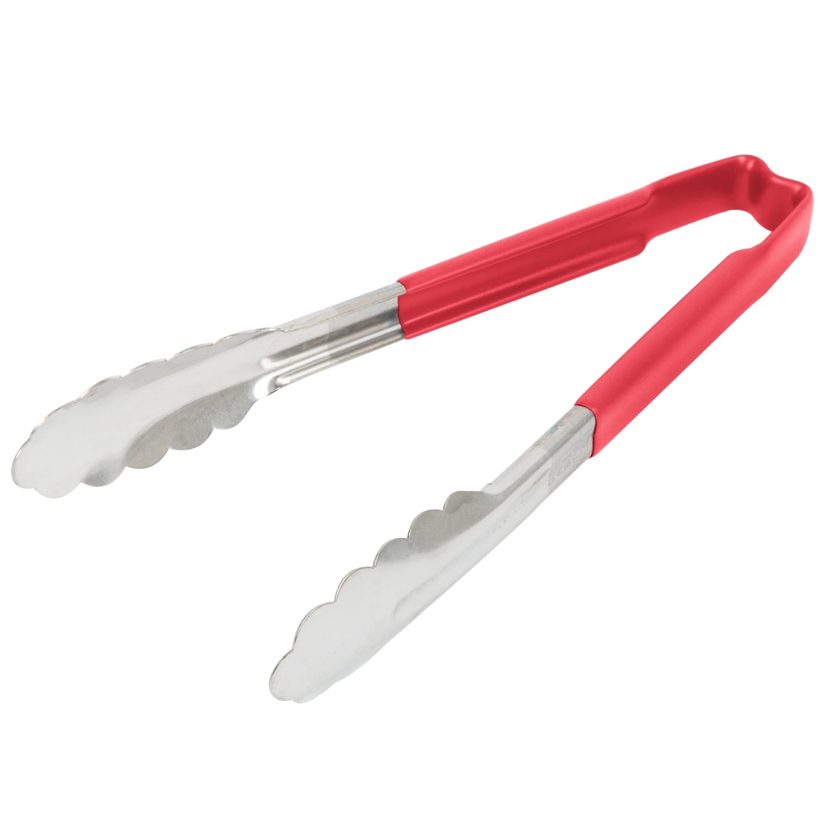 Vollrath 9.5-inch stainless steel scalloped tongs with red Kool-Touch handle, open view showing scalloped gripping ends