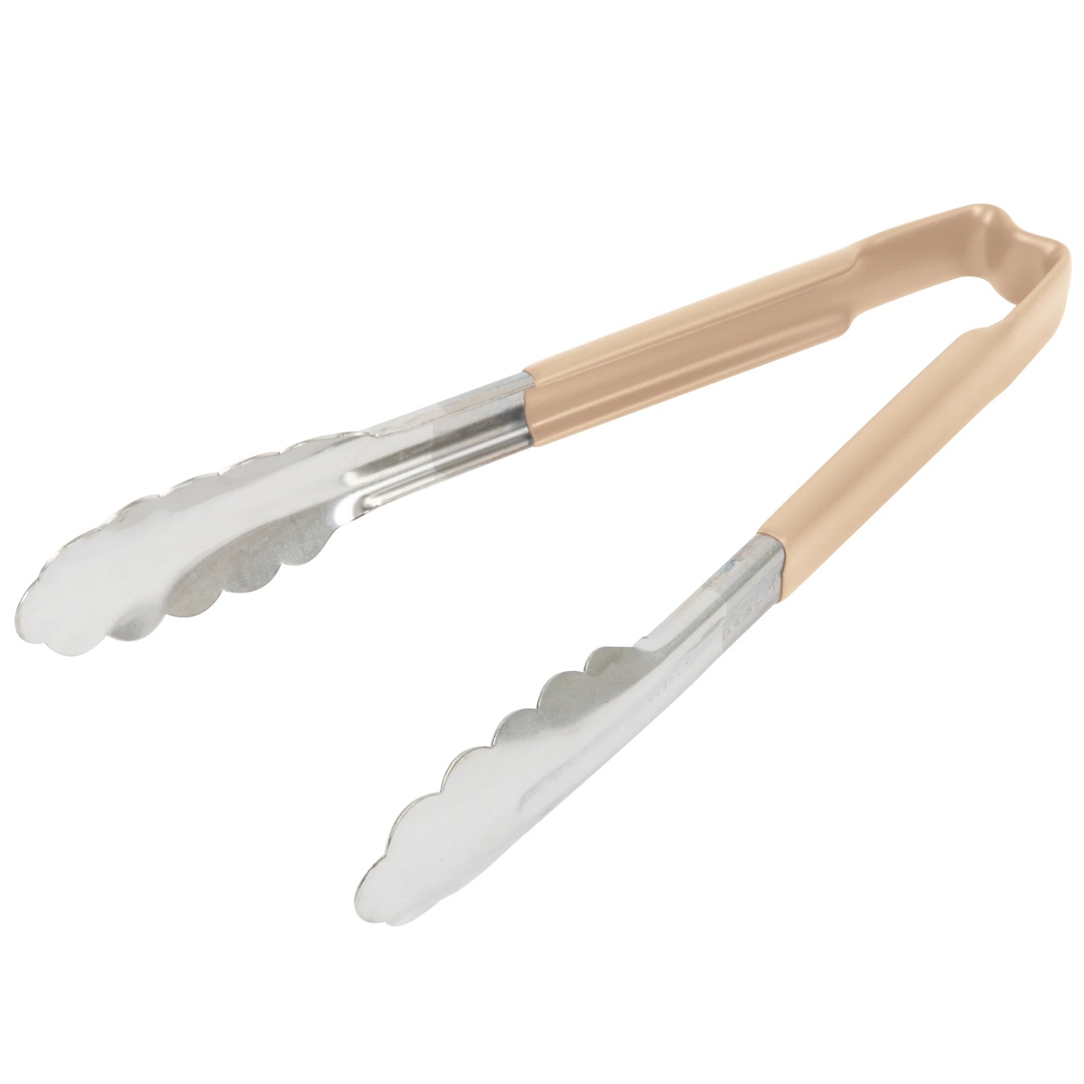Vollrath 9.5-inch stainless steel scalloped tongs with tan Kool-Touch handle, open view showing scalloped gripping ends