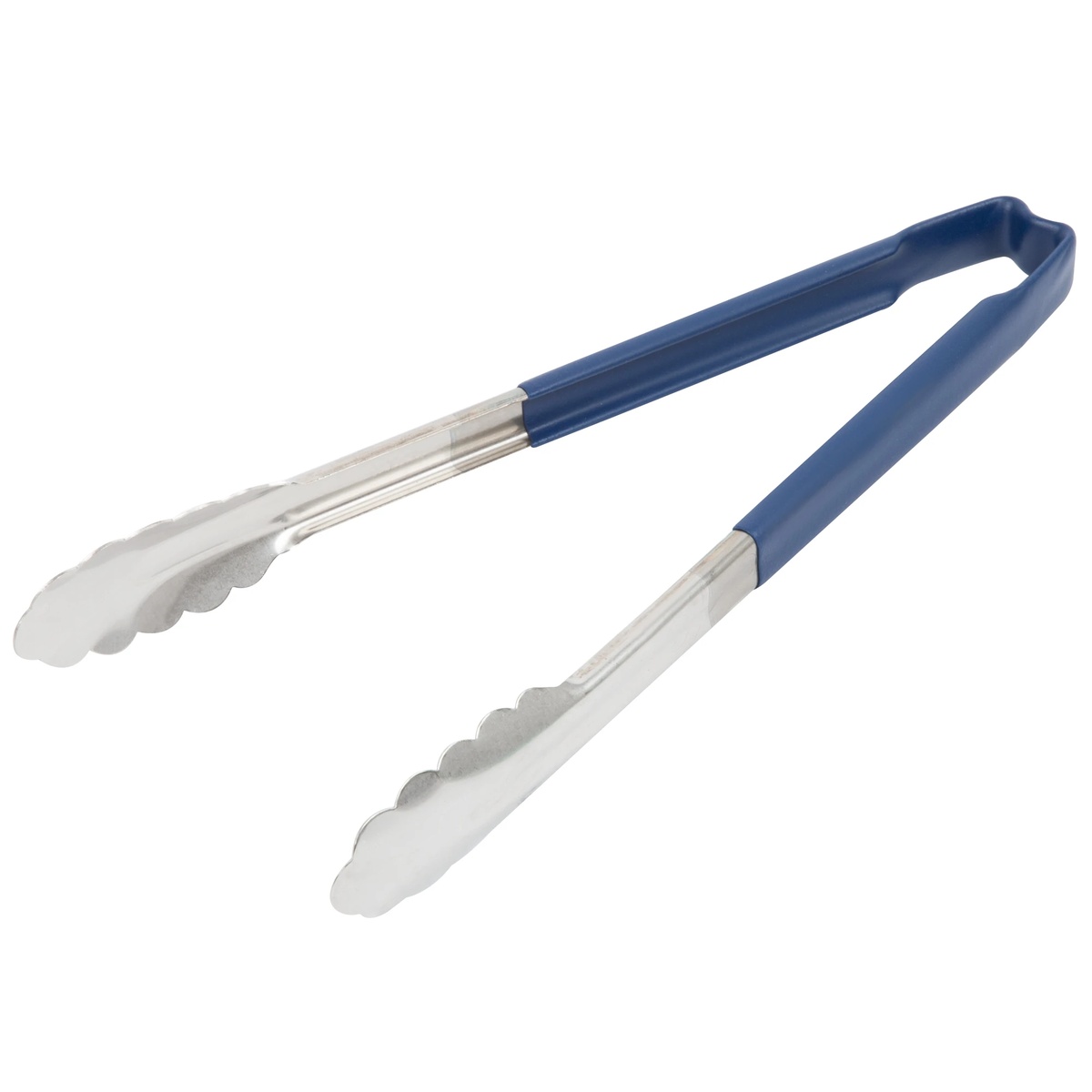 Vollrath 12-inch stainless steel scalloped tongs with blue Kool-Touch handle, one-piece springless construction