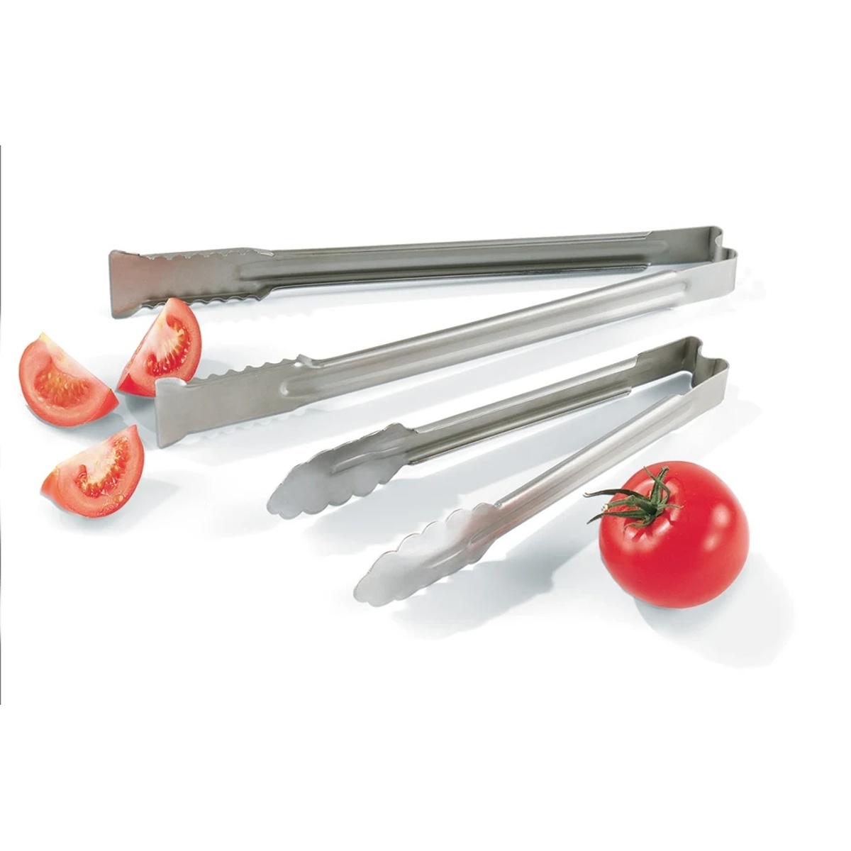 Two Vollrath stainless steel scalloped tongs of different sizes displayed on white background