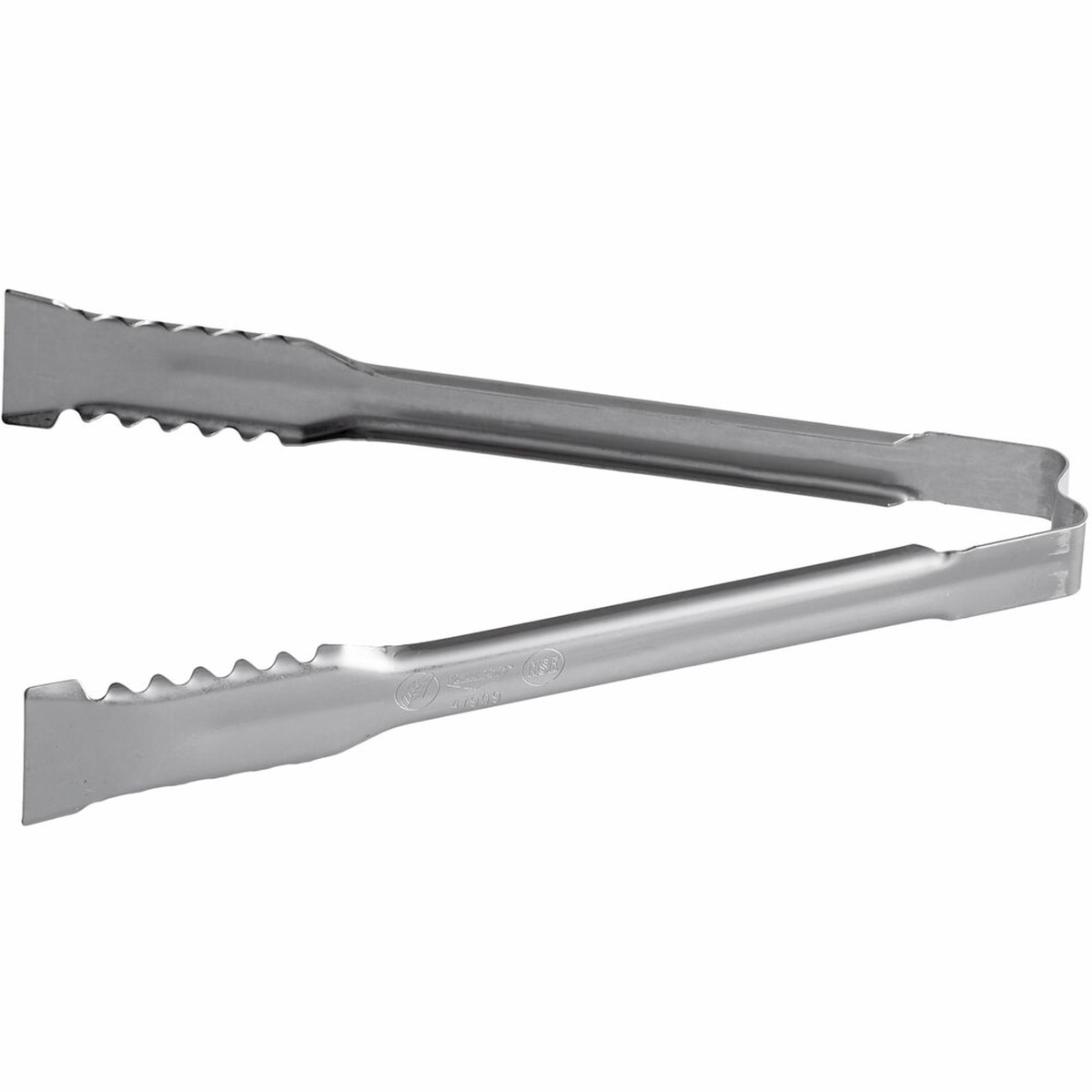 Vollrath 4790910 Jacob's Pride 9.5-inch stainless steel VersaGrip tong with serrated tips, shown open on a white background