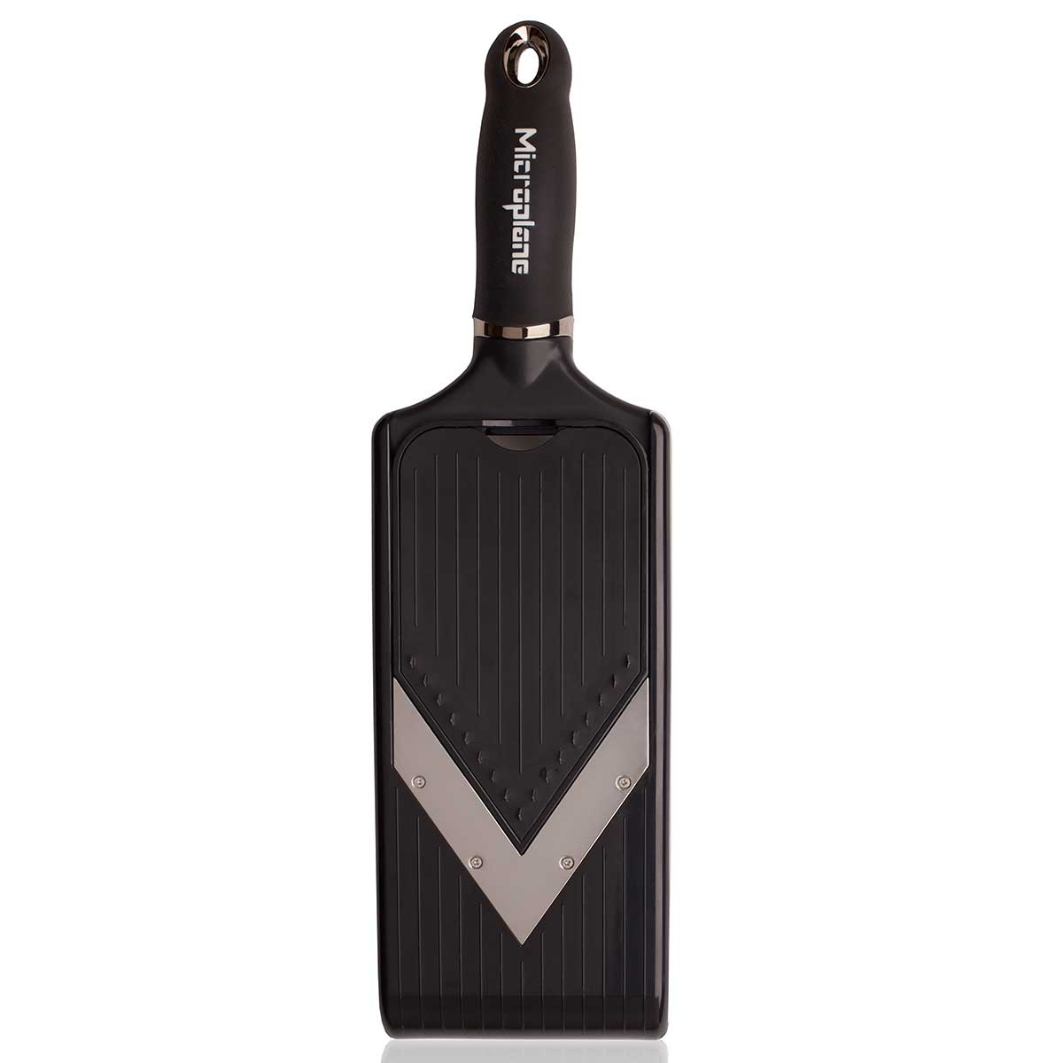 Microplane 48040 Adjustable V-Blade Mandoline front view showing V-shaped stainless steel blade and black ergonomic handle