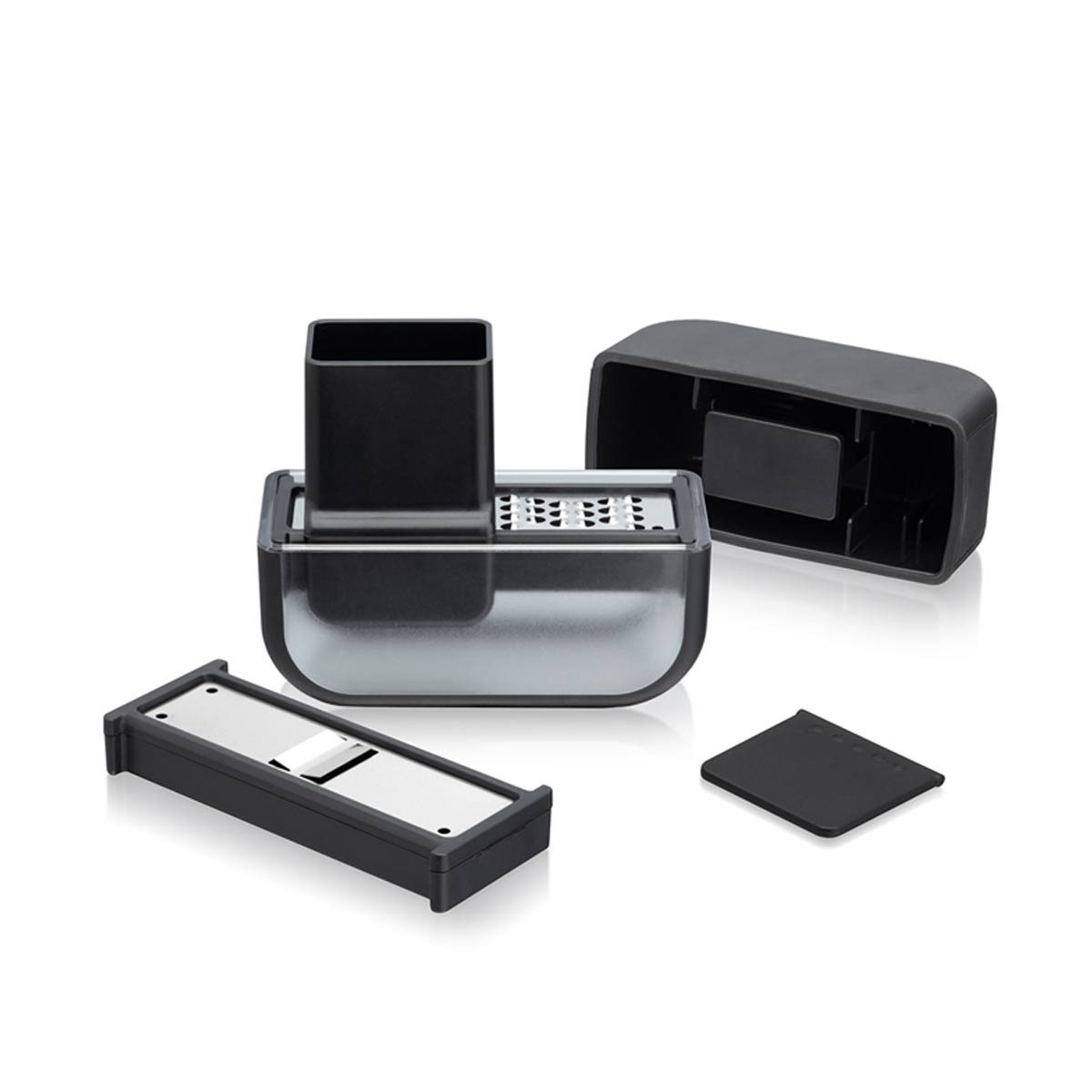 Microplane Garlic Mincer and Slicer Set components including housing, blades, and scraper