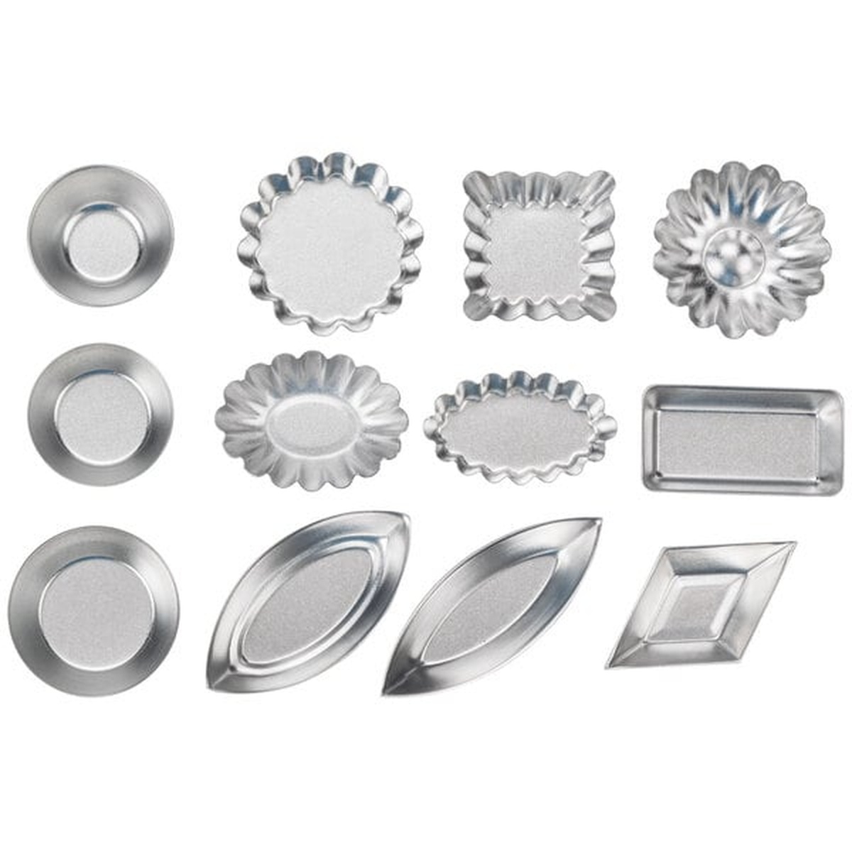 Top-down view of all 12 Ateco 4840 tartlet mold shapes arranged in three rows on white background