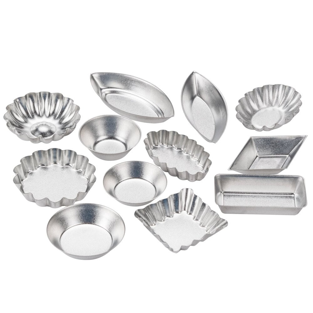 Ateco 4840 tartlet mold set showing 12 different silver tin shapes in perspective view