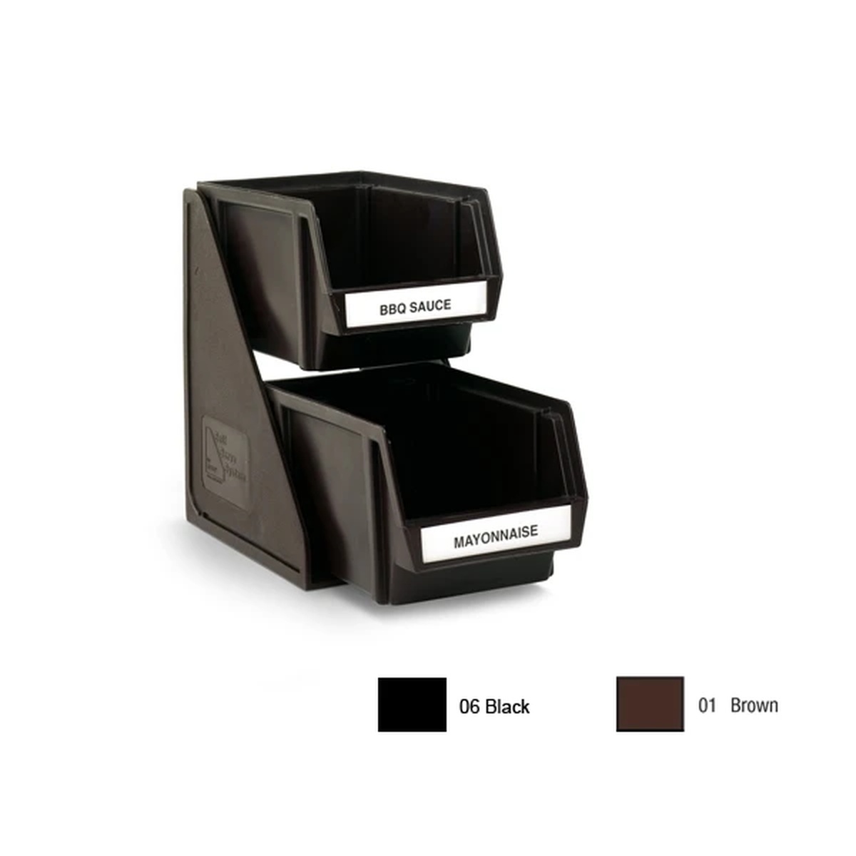 Vollrath 4840-06 black two-tier self-serve condiment bin dispenser set with labeled BBQ Sauce and Mayonnaise bins on stand