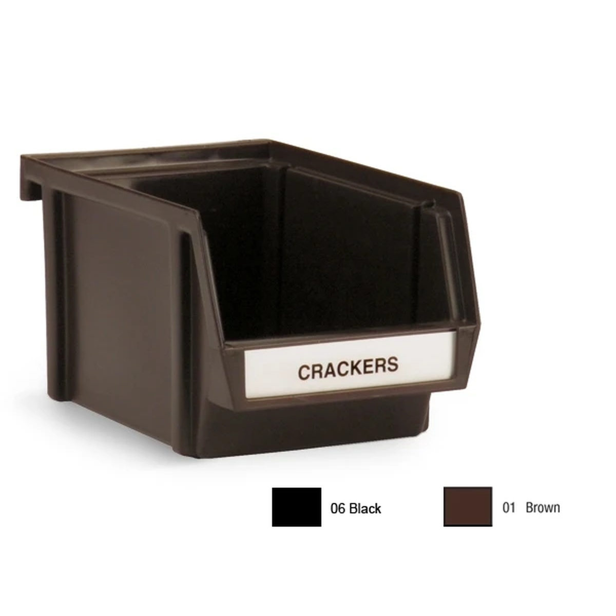 Vollrath 4841-01 single brown condiment bin with front label slot showing Crackers label