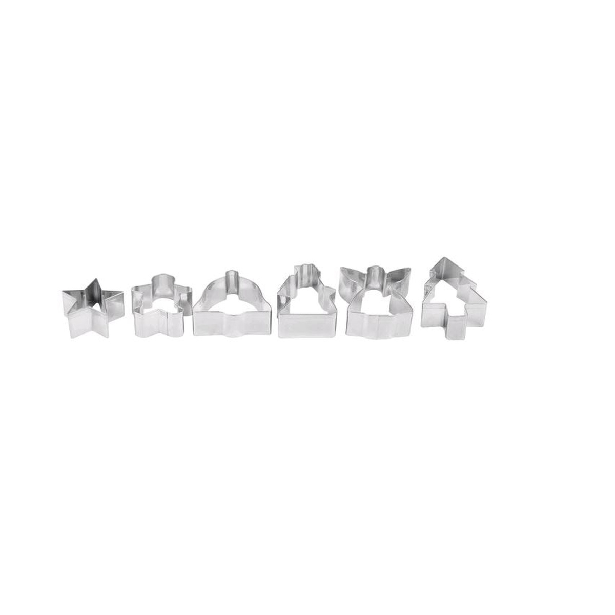 Ateco 4842 6-piece stainless steel Christmas cookie cutter set featuring star, gingerbread boy, bell, angel, shepherd, and tree shapes