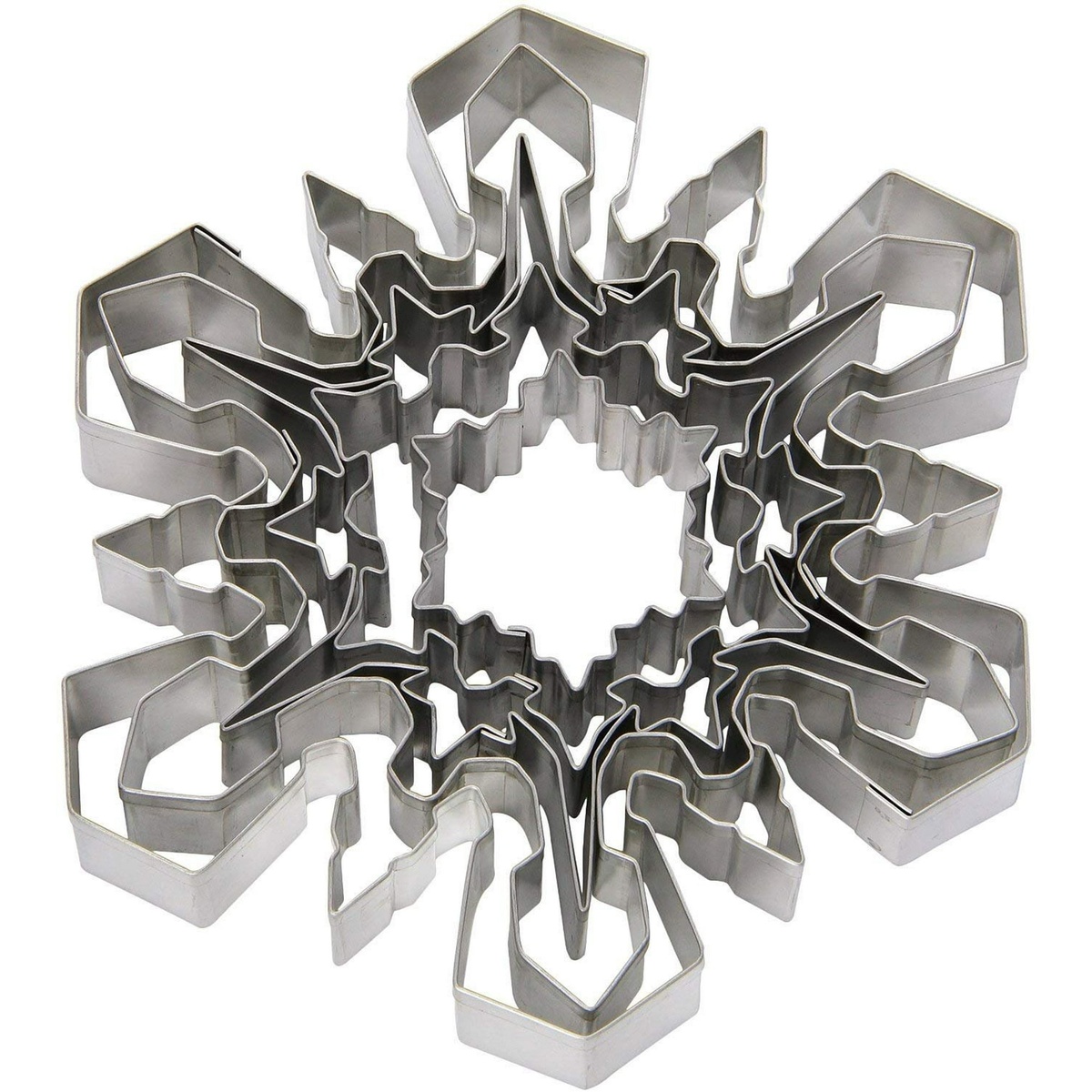 Ateco 4843 set of 5 stainless steel snowflake cookie cutters nested together in graduated sizes