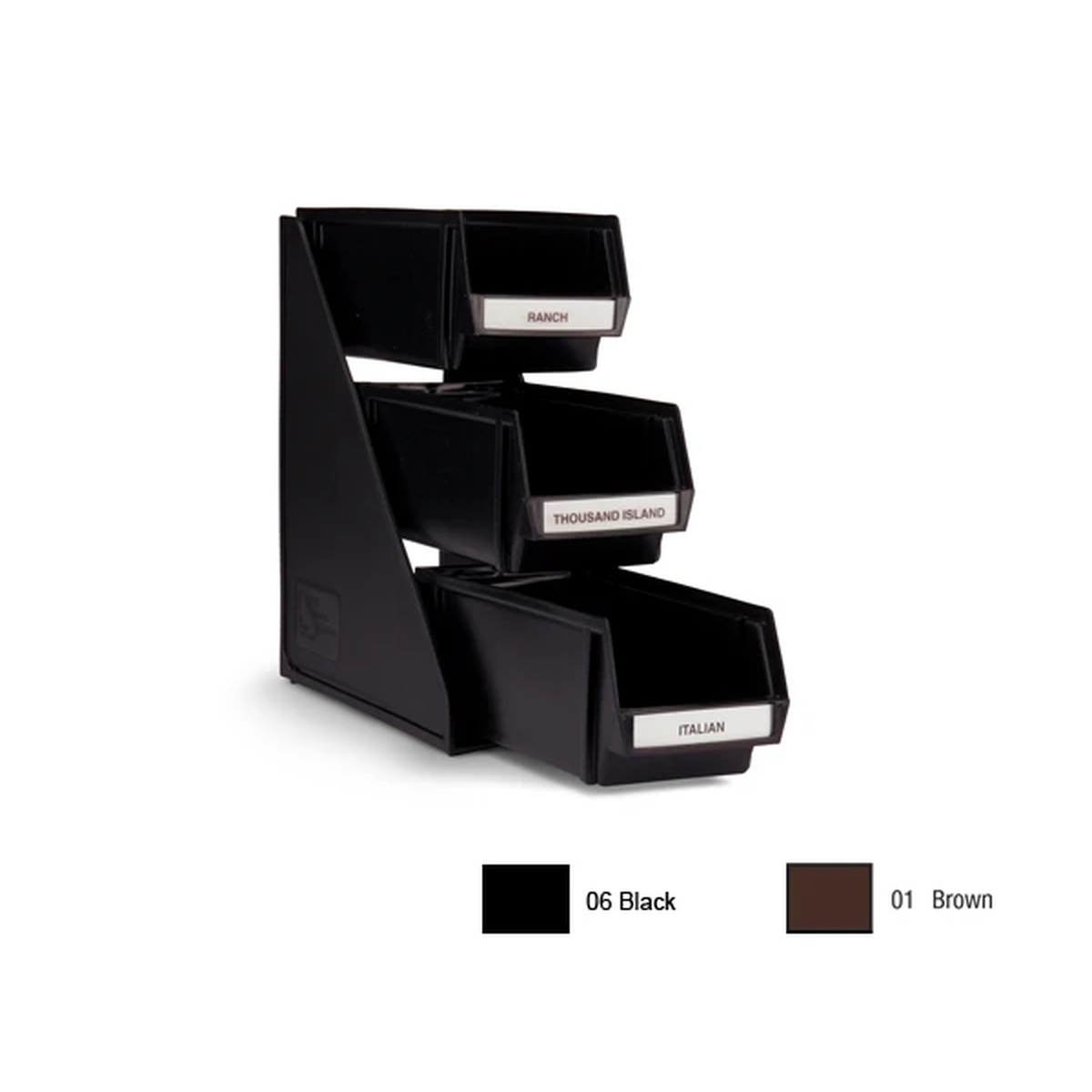 Vollrath 4843-06 three-tier black plastic self-serve condiment dispenser system with three labeled bins and aluminum clips