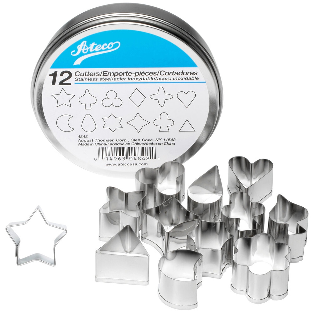 Ateco 4848 12-piece stainless steel aspic cutter set with round tin storage container and assorted shape cutters displayed