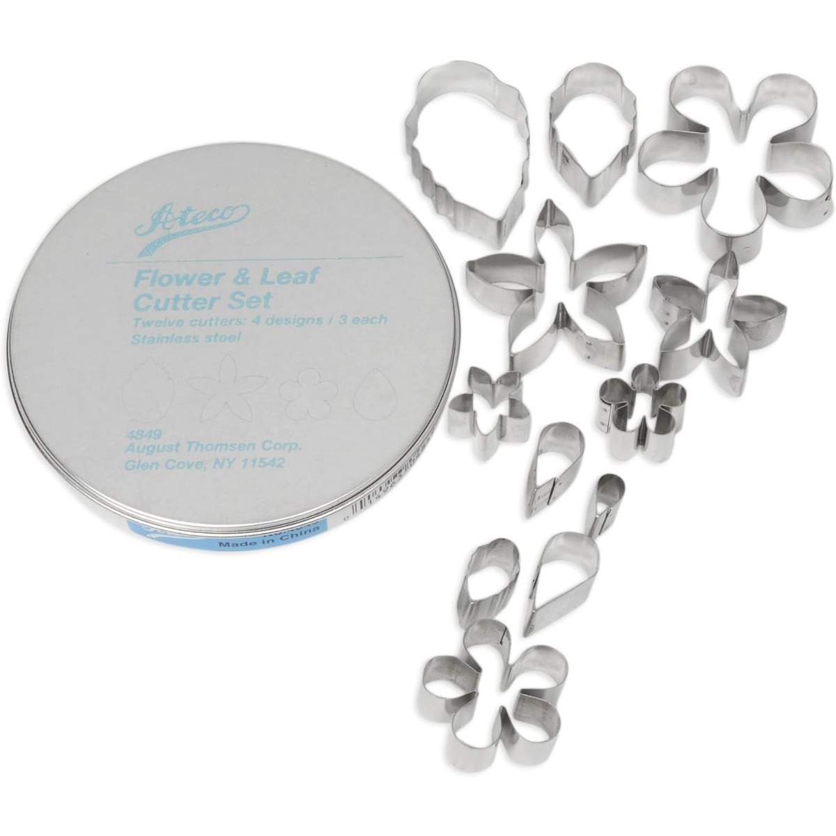 Ateco 4849 Flower and Leaf Cutter Set with 12 stainless steel cutters displayed beside round storage tin