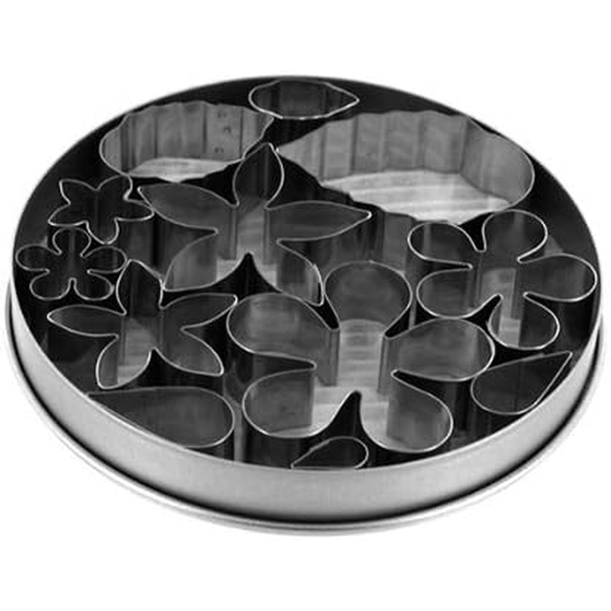 All 12 Ateco flower and leaf cutters neatly stored inside round stainless steel tin