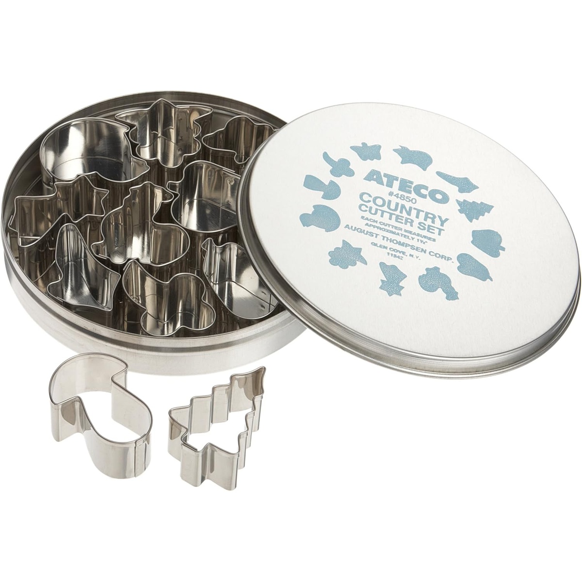 Ateco 4850 Country Cutter Set showing stainless steel cookie cutters stored in a round tin with lid