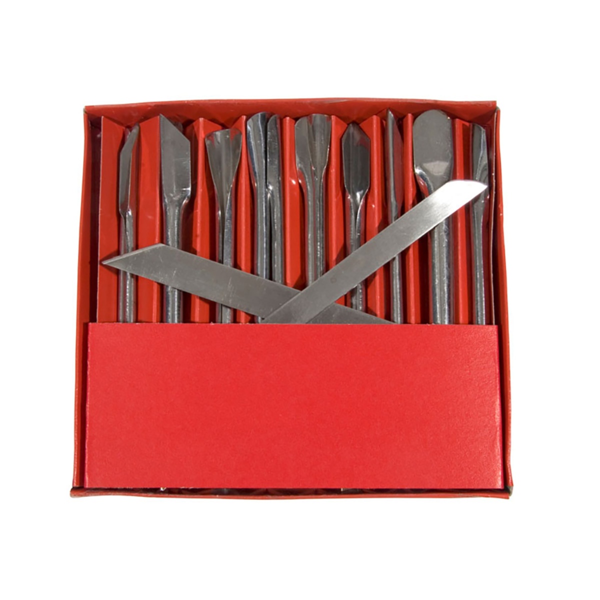 Town 48677 garnishing kit stored in red presentation box with all 17 stainless steel tools organized inside