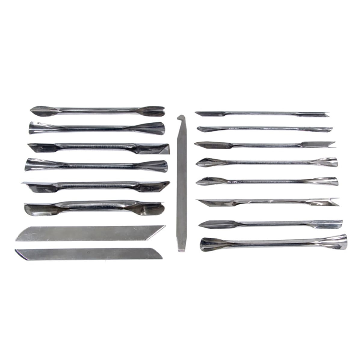 Town 48677 garnishing kit - 17 stainless steel carving and sculpting tools laid flat showing varied blade and scoop ends