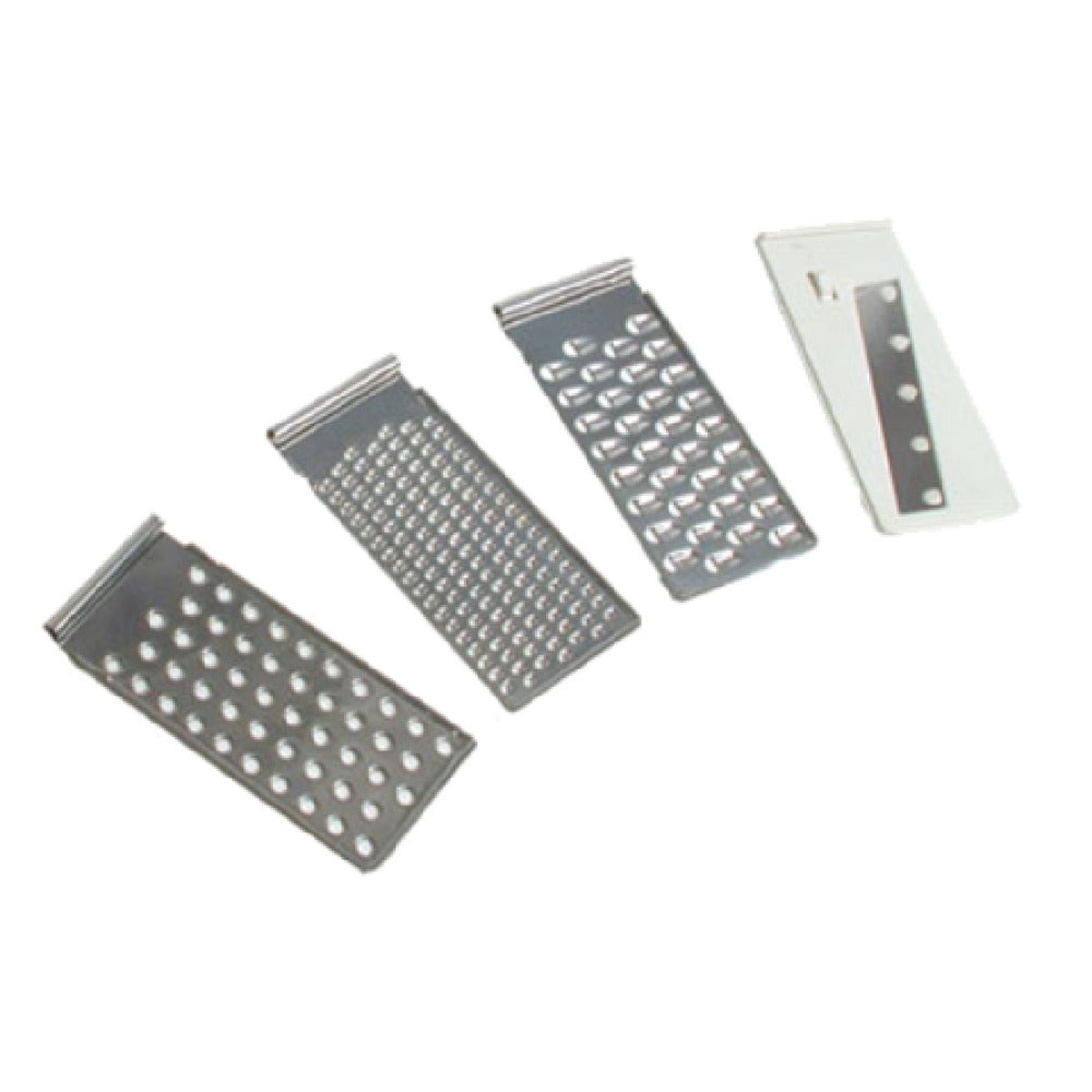 Town 48685 mandoline slicer blade set showing four stainless steel attachments: coarse shredder, fine shredder, grater, and slicer blade