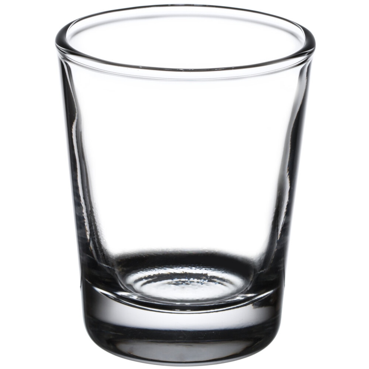 Libbey 48 clear 2 oz shot glass with tapered sides and thick base, shown on white background