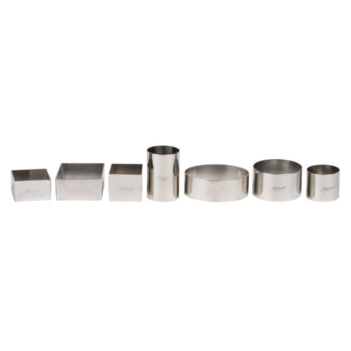 Assortment of Ateco stainless steel food molds in various shapes including square, rectangular, round, and cylindrical sizes displayed on a white background