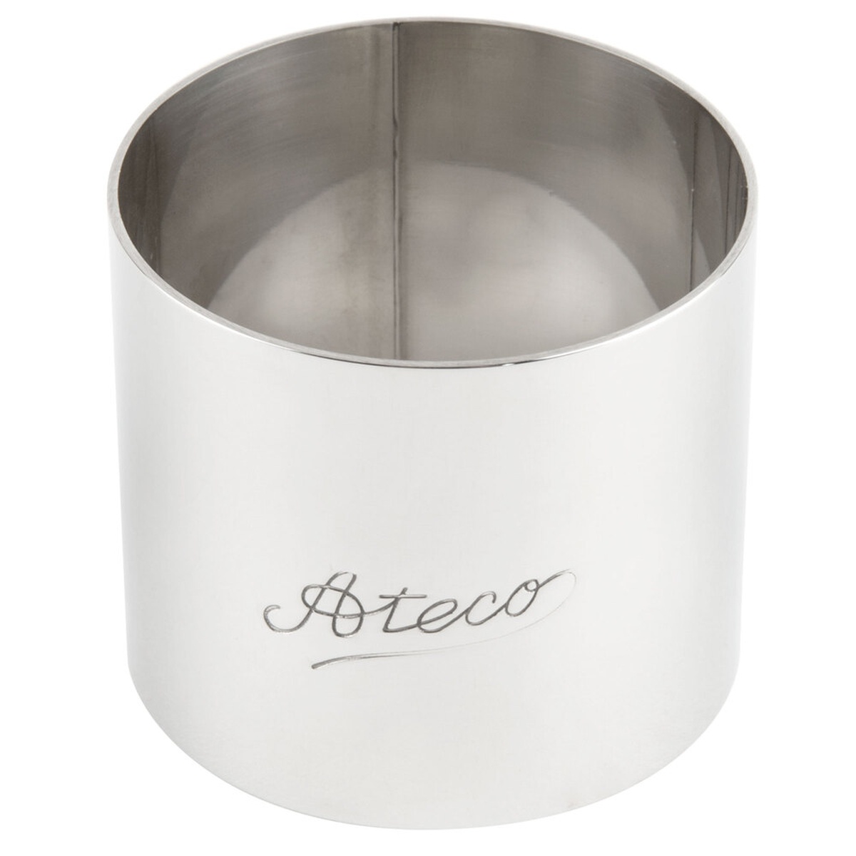 Ateco 4903 polished stainless steel round ring mold with engraved Ateco logo, viewed from above