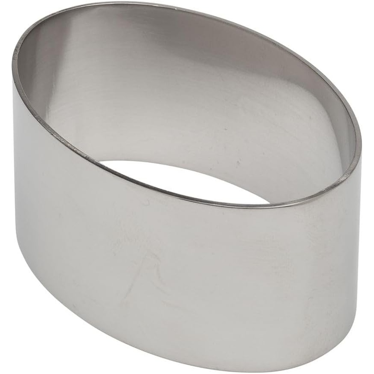 Ateco 4906 oval stainless steel pastry ring form, silver finish, viewed at an angle showing smooth interior and edges
