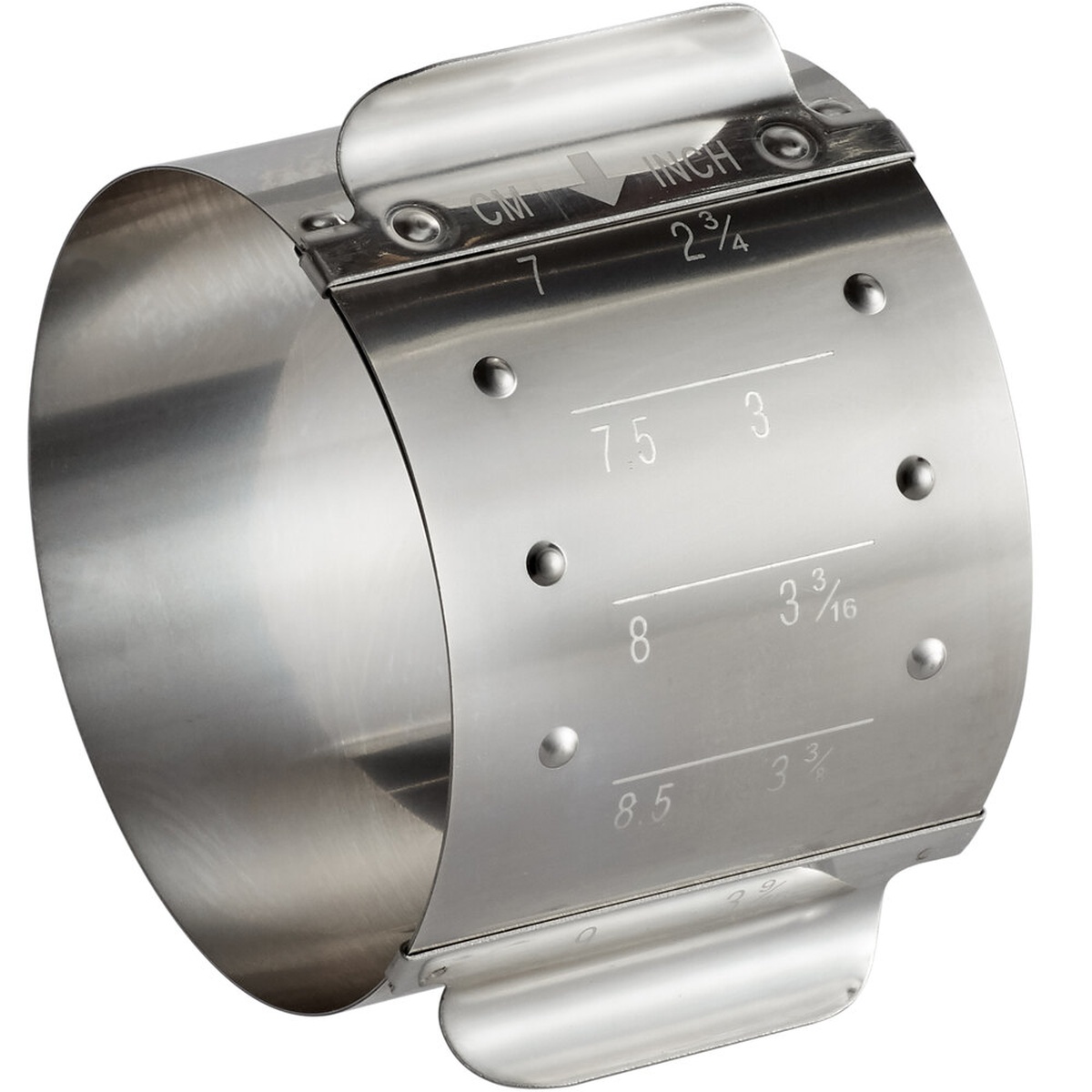 Ateco 4911 stainless steel adjustable round ring mold showing engraved CM and inch measurement markings
