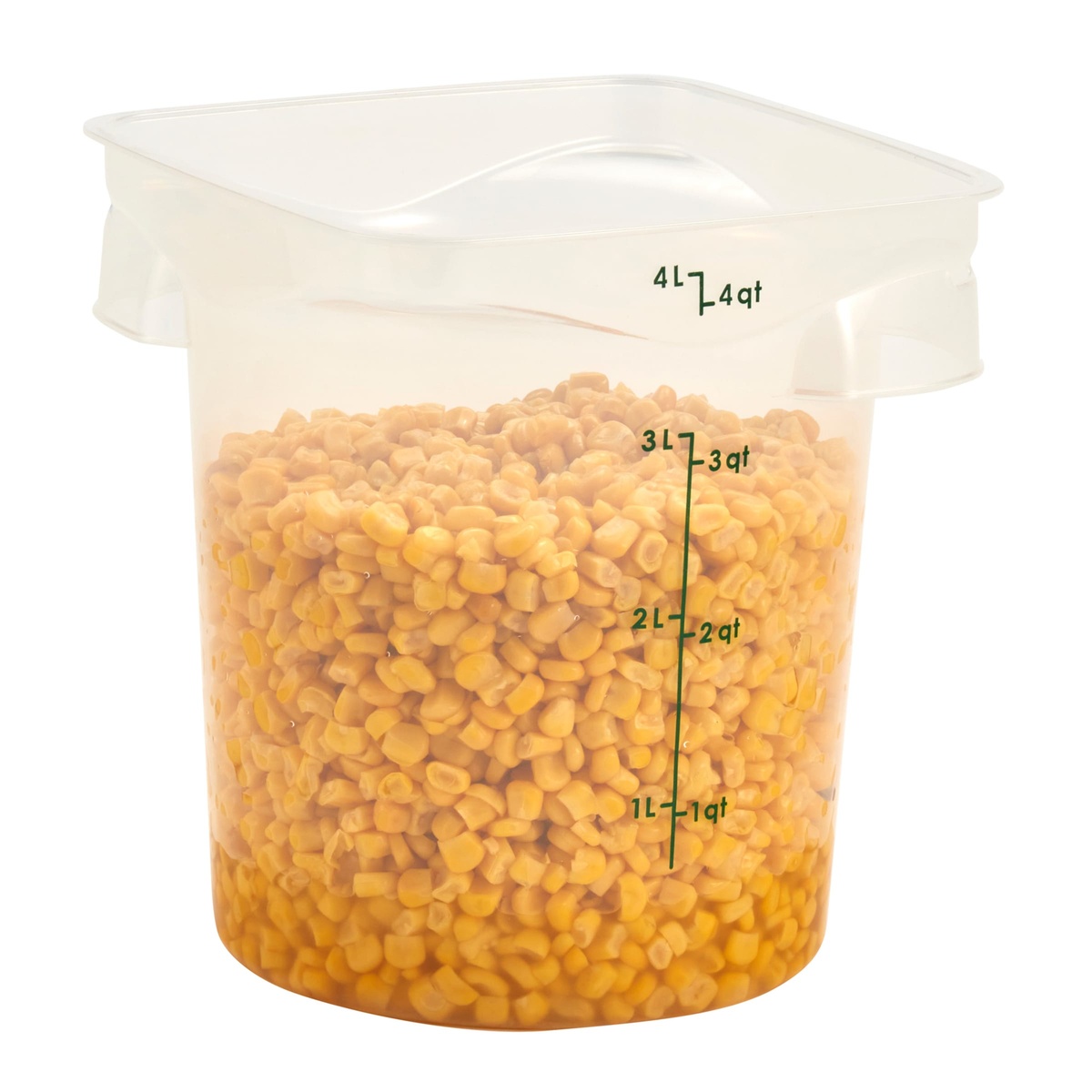 Cambro 4 qt CamRounds translucent container filled with corn kernels showing green graduation marks and recessed handles