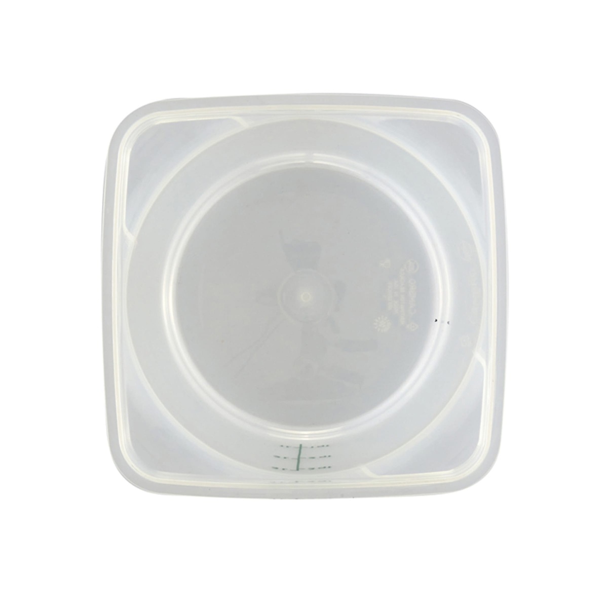 Top-down view of Cambro 4 qt CamRounds translucent container showing round interior and square outer footprint