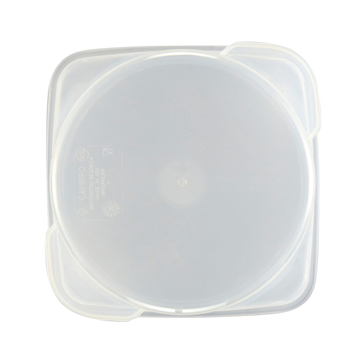 Bottom view of Cambro 4 qt CamRounds food storage container showing Cambro branding and Made in USA marking