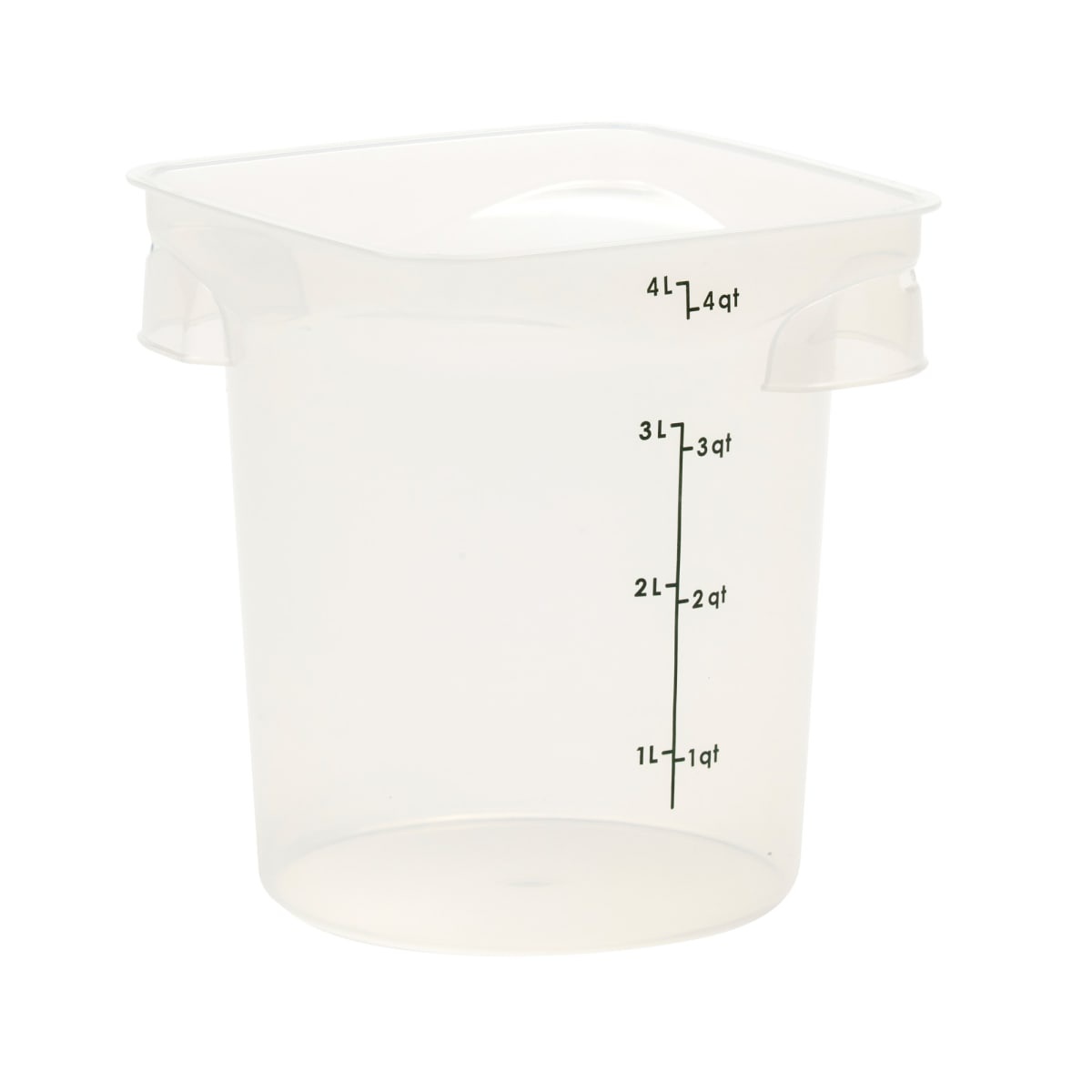 Cambro 4RFSPROPP190 translucent 4 qt round polypropylene food storage container on white background showing graduation markings
