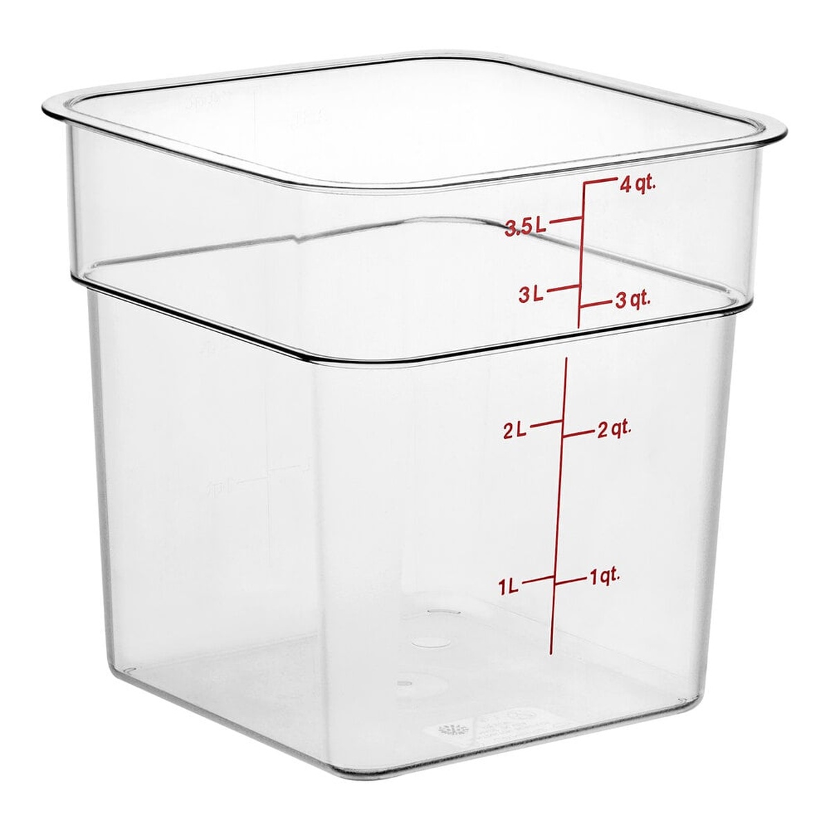 Cambro 4SFSCW135 clear square polycarbonate food storage container showing red quart and liter graduation markings on white background