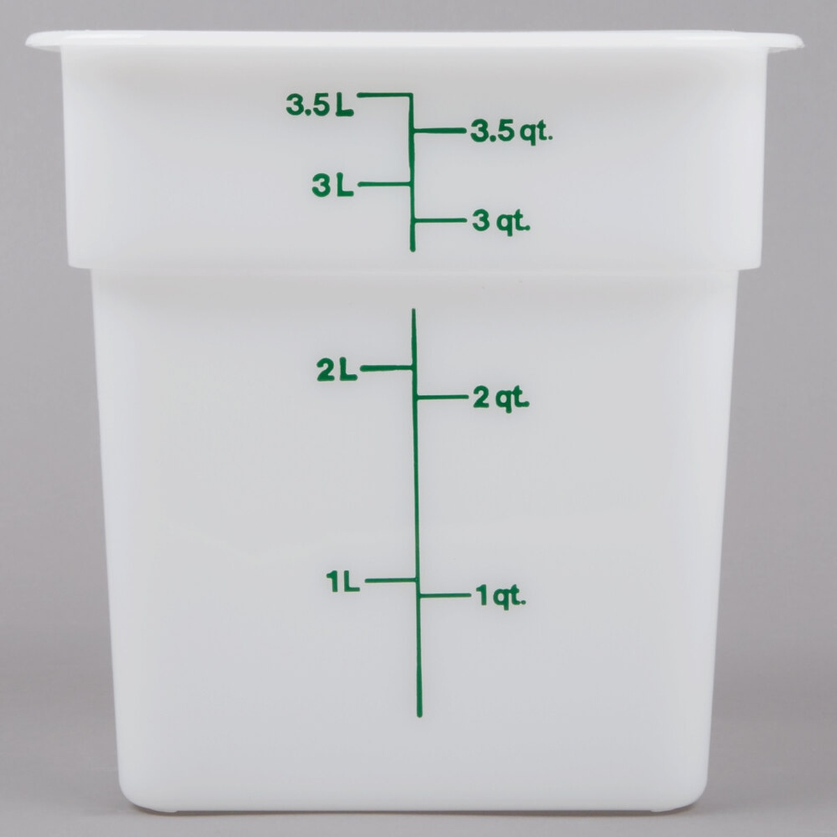 Cambro 4SFSP148 4 qt. white square polyethylene food storage container with kelly green measurement graduations