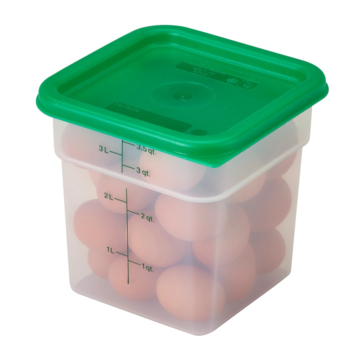 Translucent Cambro CamSquares 4 quart container filled with produce and topped with a green square lid