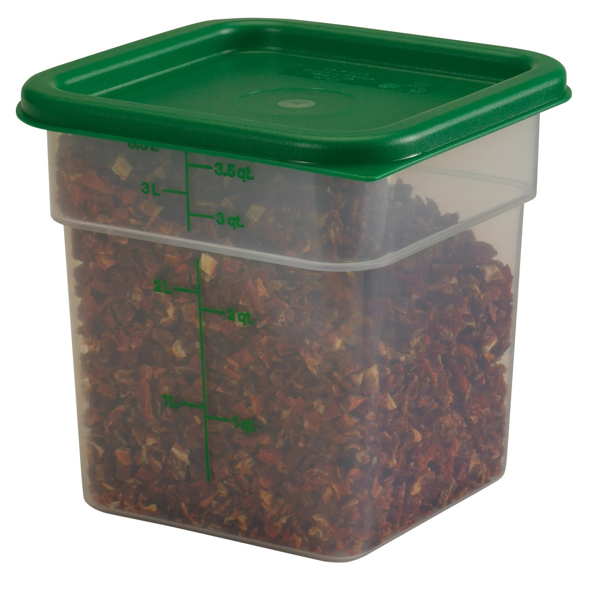 Translucent Cambro CamSquares 4 quart container holding dried ingredients with a green lid