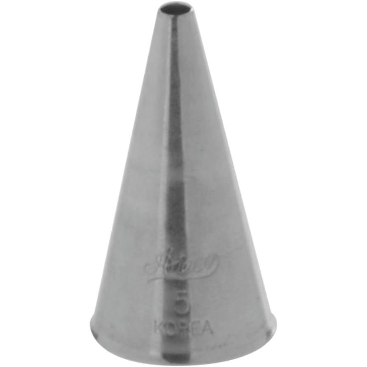 Ateco #5 plain piping tip, side profile showing conical stainless steel body with small round opening at tip