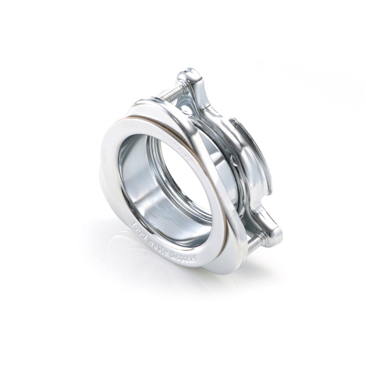 InSinkErator Quick Lock Mount assembly shown from a side angle highlighting the chrome collar and mounting hardware