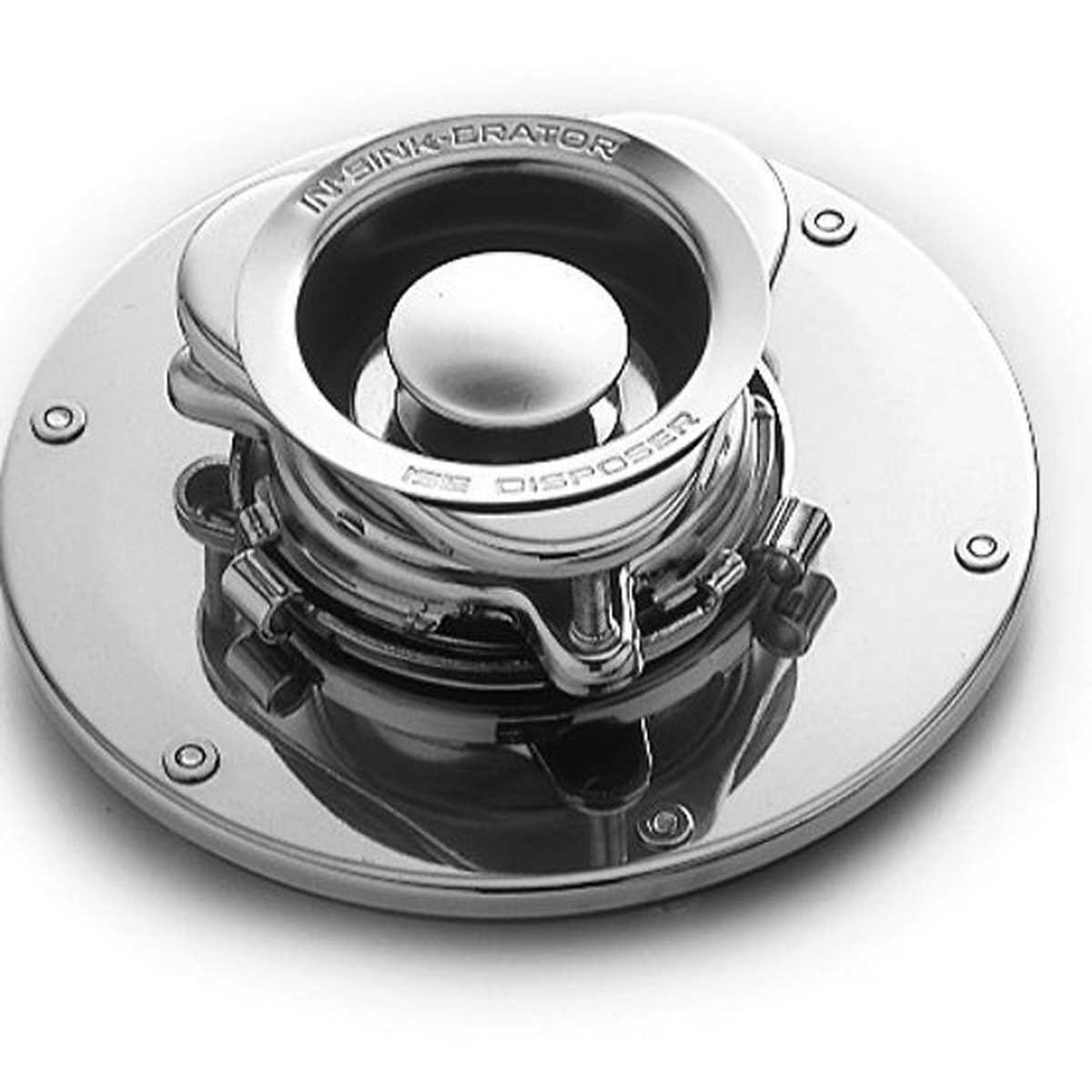 InSinkErator #5 Short Mount sink flange mounting assembly shown from above, displaying polished metal flange with mounting hardware