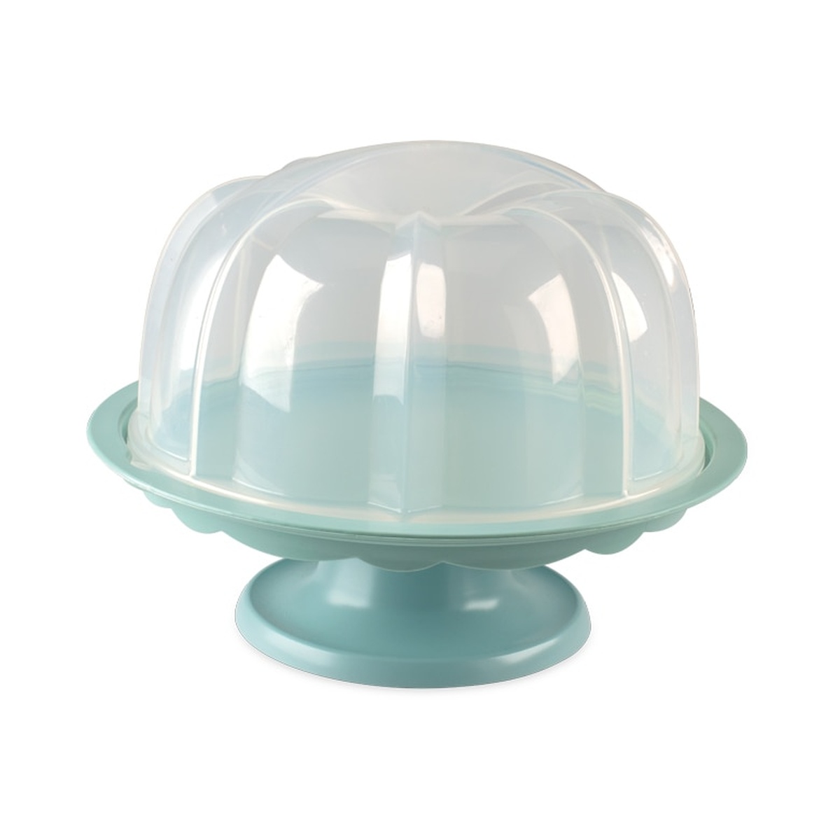 Nordic Ware bundt cake stand with clear dome lid in mint blue, assembled on white background