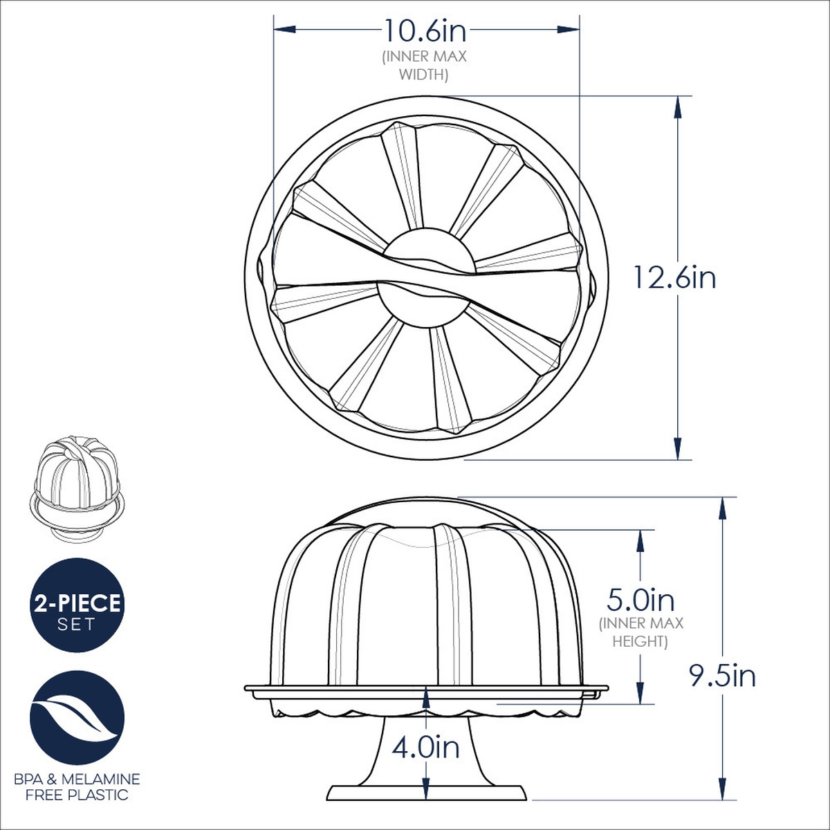 Technical dimension diagram of Nordic Ware cake stand showing 12.6in outer diameter, 10.6in inner width, 9.5in total height, 5.0in inner height, and 4.0in base