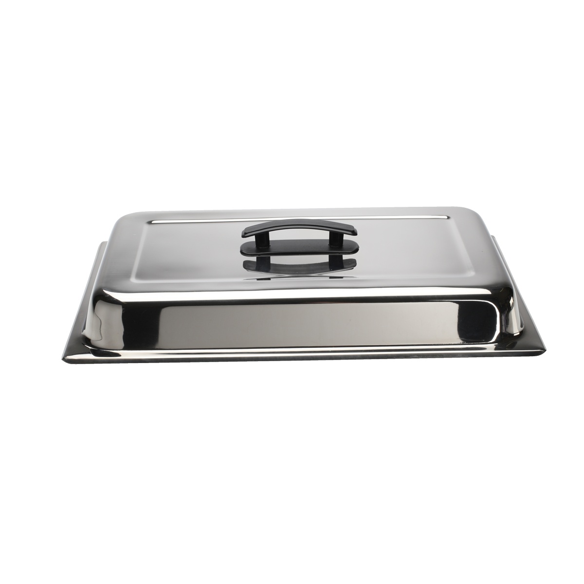 Libertyware 5000DC full-size stainless steel solid dome steam table pan cover with black plastic handle, angled view on white background