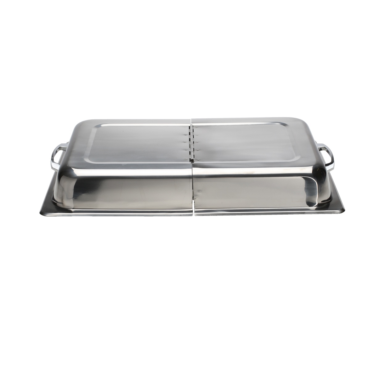 Libertyware 5000DCH full-size stainless steel hinged dome steam table pan cover shown closed on a full-size pan with side handles visible