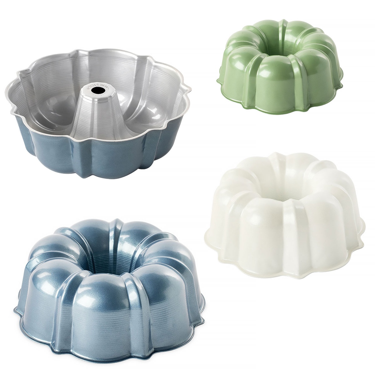 Nordic Ware 3-Cup Bundt Pan shown in four color options: twilight blue open pan, sage green, white, and blue exterior