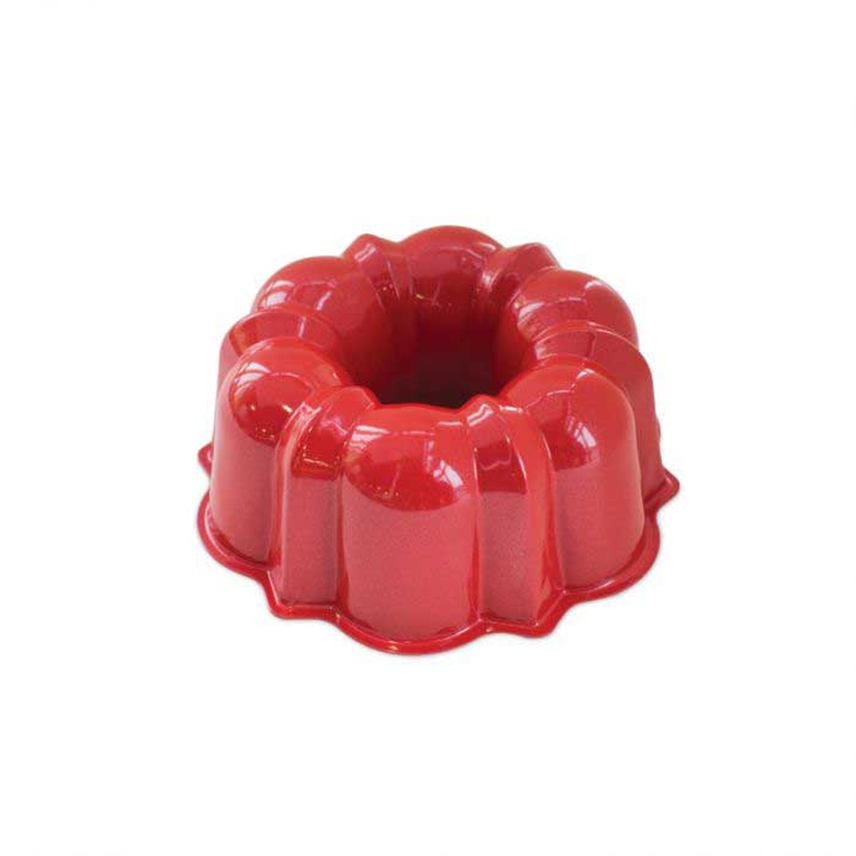 Nordic Ware 3-Cup Bundt Pan in glossy red colorway viewed from above at an angle
