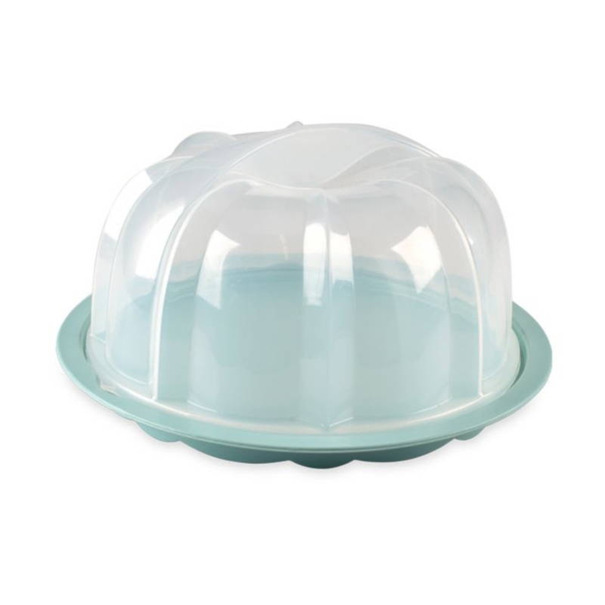 Nordic Ware bundt cake carrier with sage green plate and clear plastic dome cover, 2-piece set