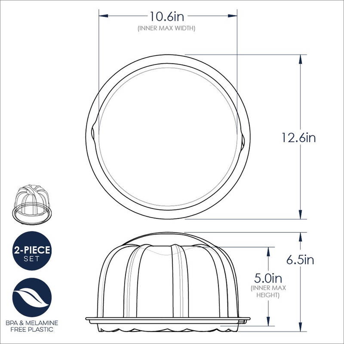 Technical dimension diagram of Nordic Ware bundt cake carrier showing 10.6 inch inner width, 12.6 inch outer diameter, 6.5 inch total height, and 5.0 inch inner max height