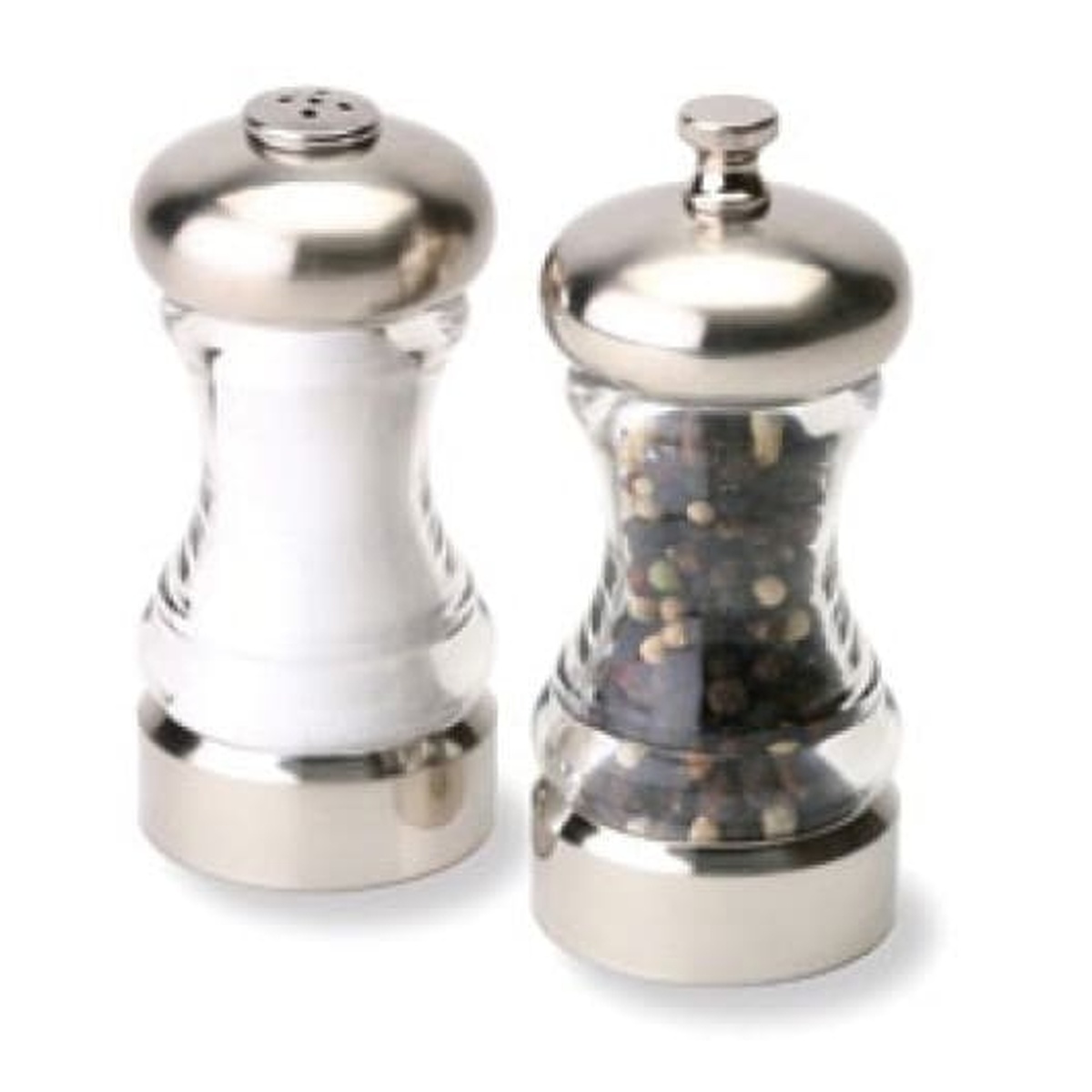 Olde Thompson Monterey salt shaker and pepper mill set with clear acrylic bodies and brushed metal tops and bases