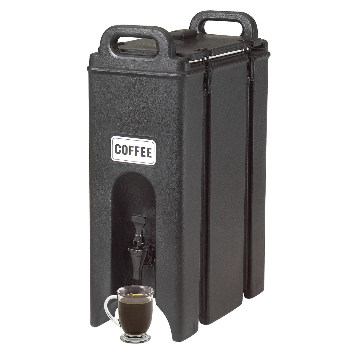 Cambro 500LCD110 black insulated beverage dispenser with Coffee label and glass mug beneath spigot